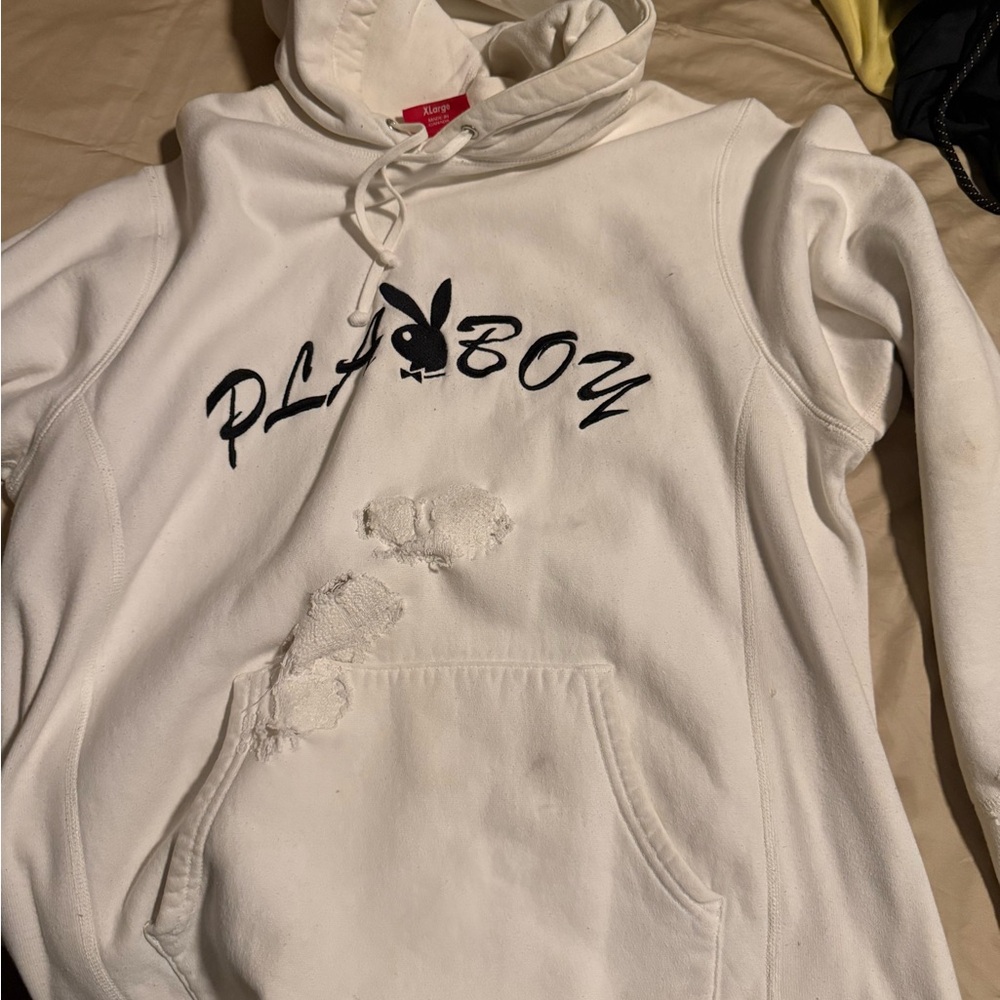 FIRE!! Supreme White playboy Hoodie xl distressed *Rare* AUTHENTIC